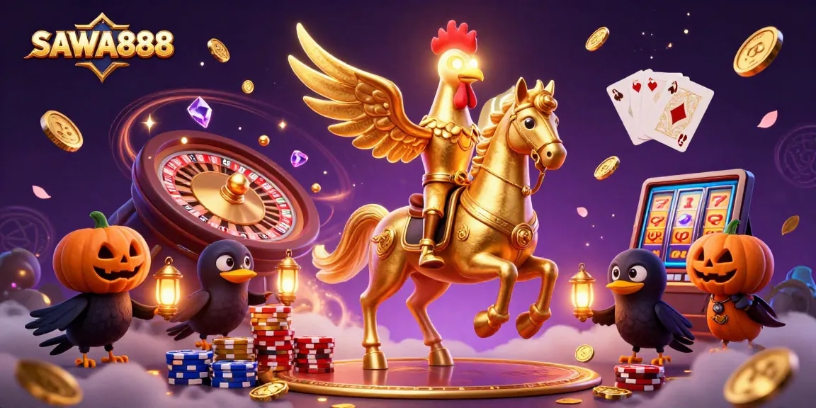 Experience the thrill of SAWA888, featuring vibrant 3D characters and cascading casino elements.