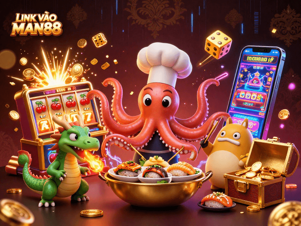 Experience the excitement of LINK VÀO MAN88 slot games with a dynamic casino-themed illustration featuring vibrant characters.