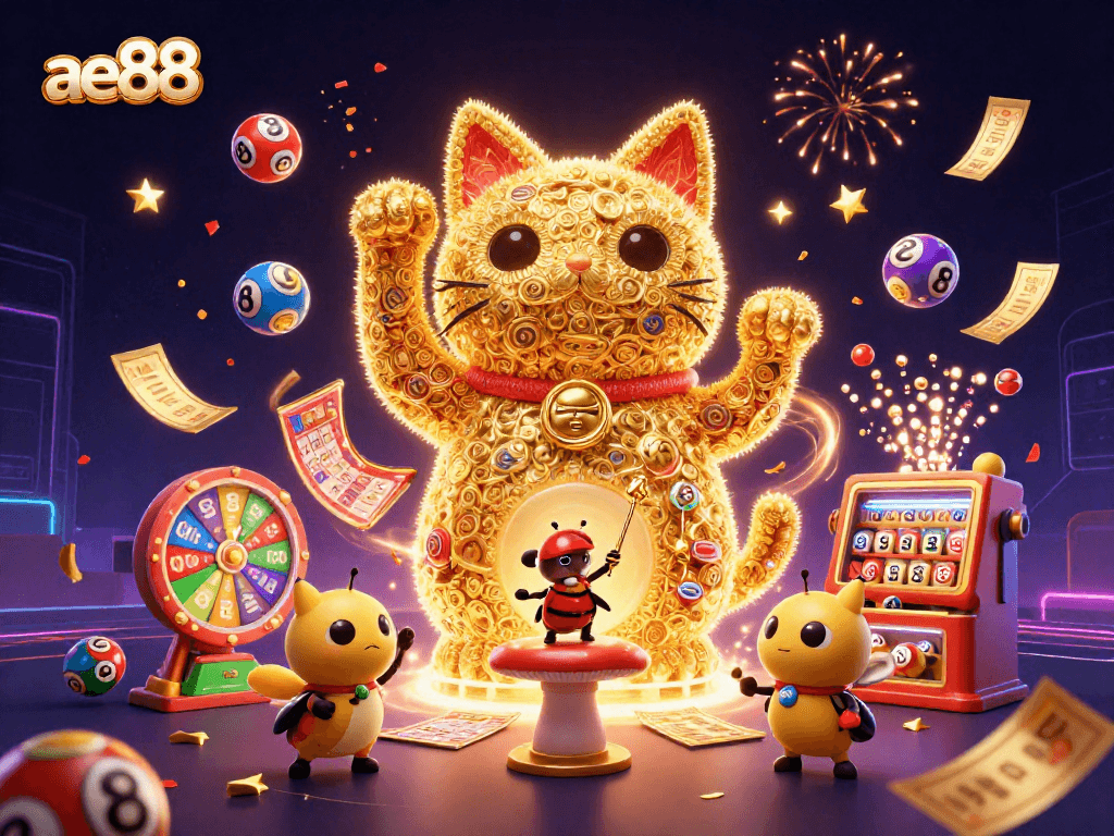 Experience the excitement of ae88 with colorful lottery balls and a giant lucky cat illustration, capturing the casino spirit.
