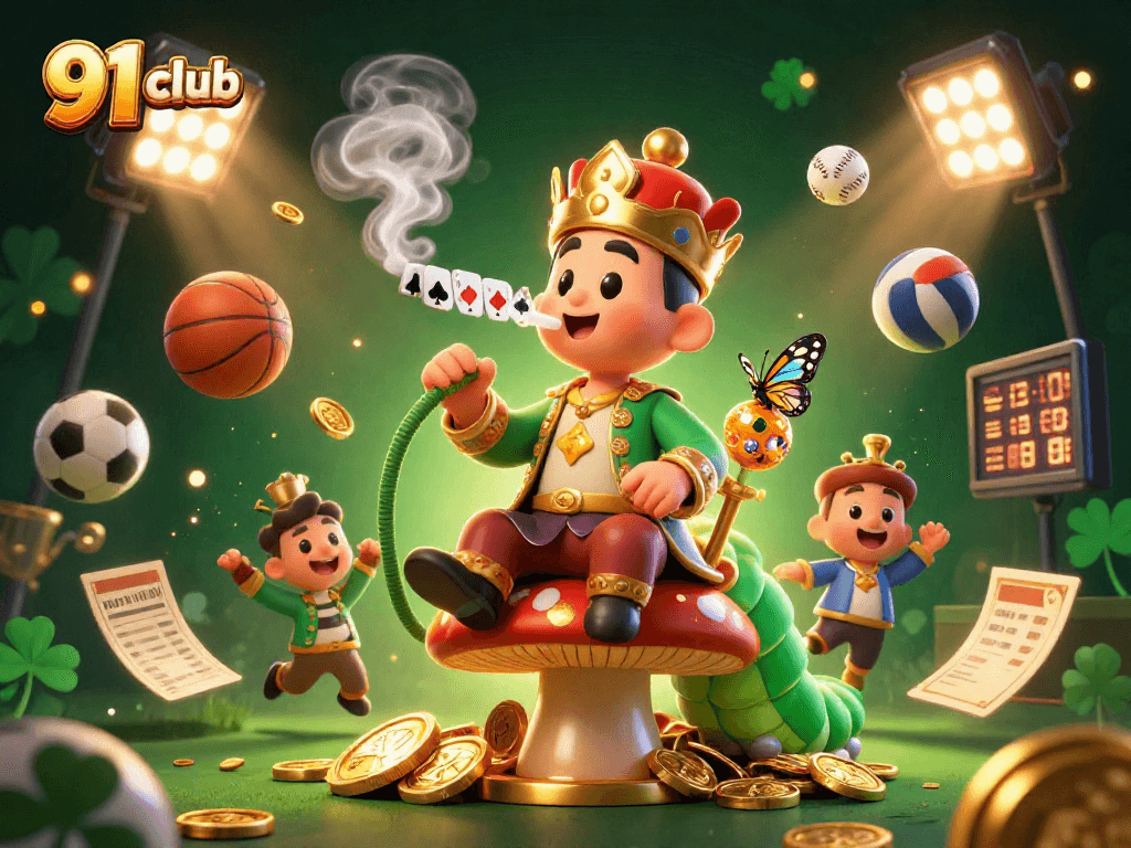 Engage in thrilling games at 91 club with color predictions, sports balls, and golden trophy elements illustrated.