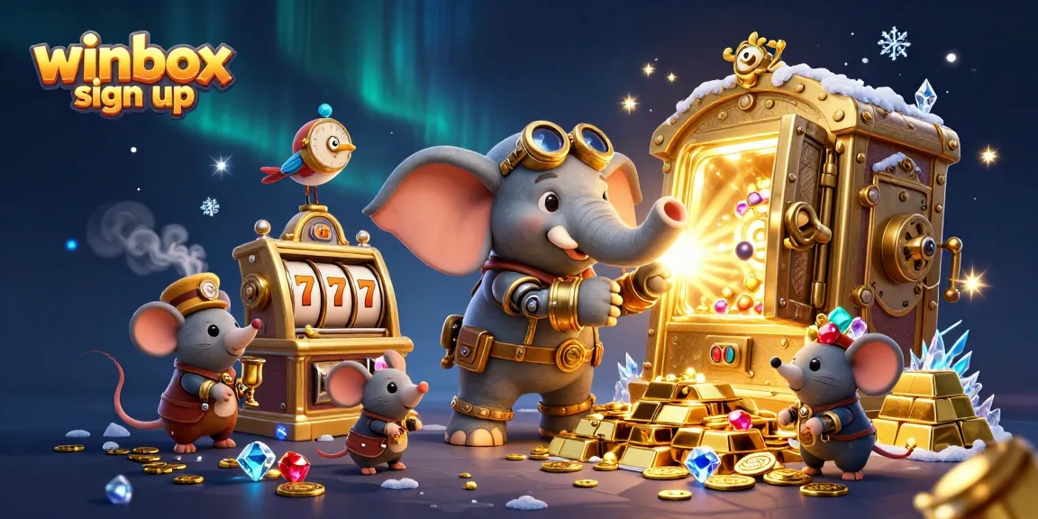 Winbox sign up to jackpots with a steampunk elephant operating a golden slot machine in a treasure-laden scene.