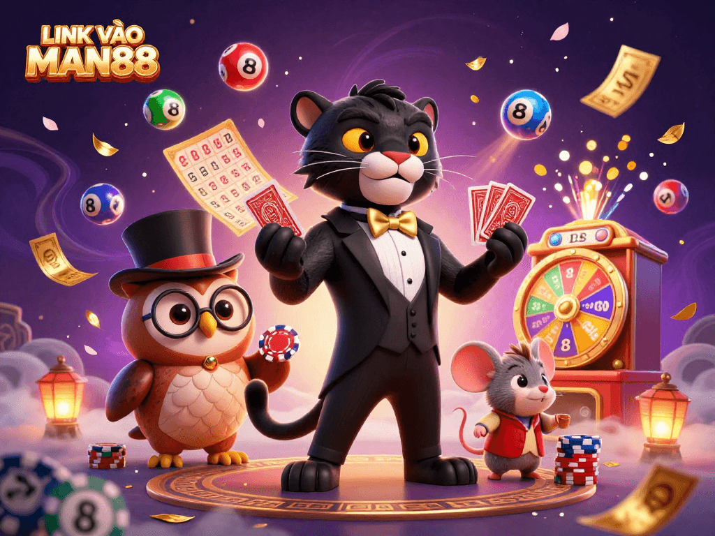 Engage with LINK VÀO MAN88 through vibrant casino action featuring a panther dealer, owl, and lucky mouse.