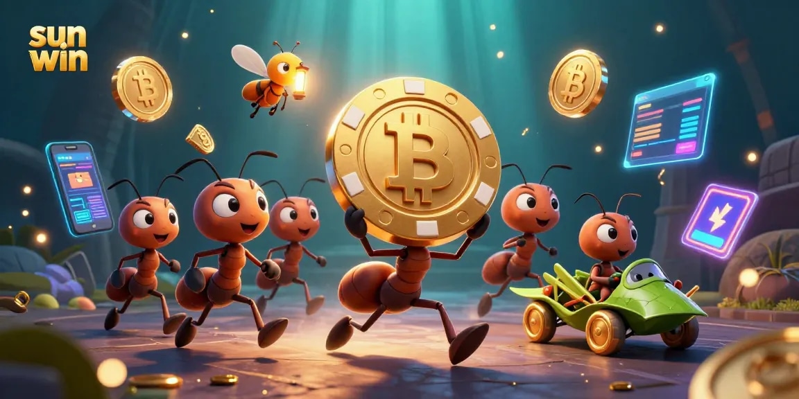 Engage in thrilling gameplay with sun win as ants steal a massive poker chip amidst shimmering crypto coins.