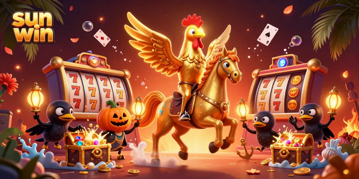 Experience the thrill of sun win with a golden rooster riding through a casino, showcasing vibrant slot elements.
