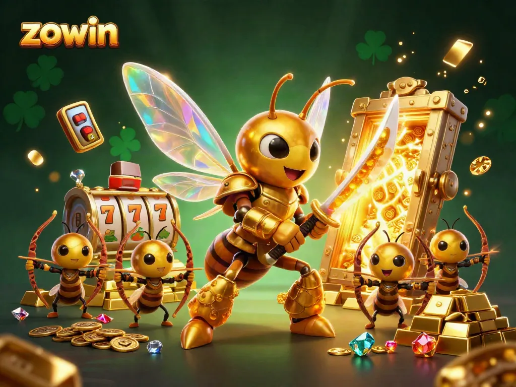 Engaging scene depicting zowin's jackpot excitement with a golden hornet samurai, dynamic slot elements, and treasure.