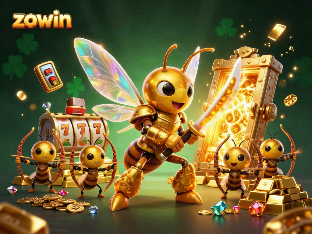 Engaging scene depicting zowin's jackpot excitement with a golden hornet samurai, dynamic slot elements, and treasure.