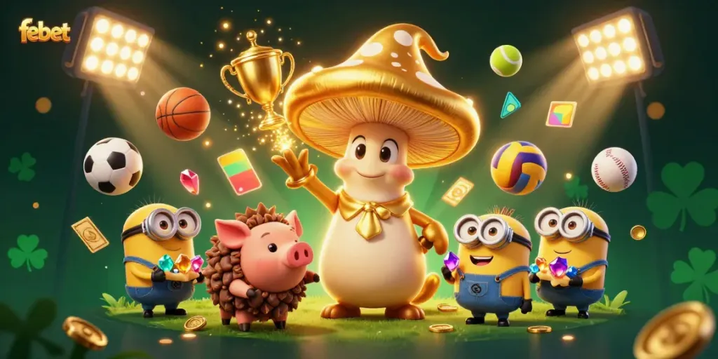 Bet with febet and discover the magical treasures of the golden mushroom wizard in a vibrant 3D casino setting.