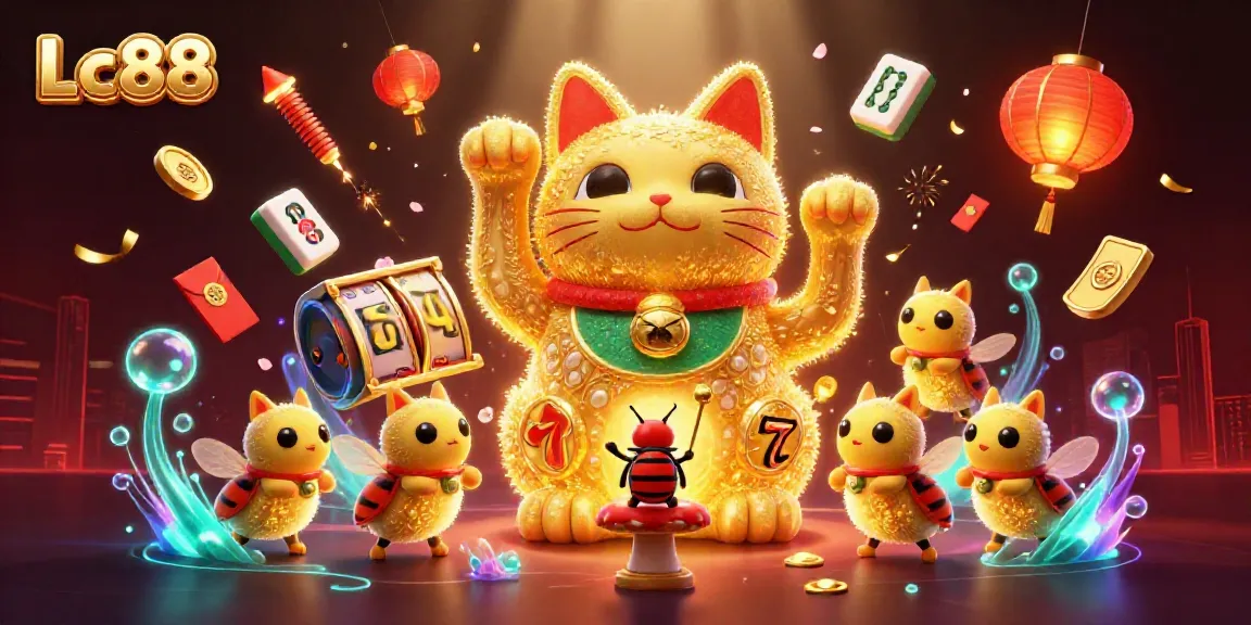 Experience excitement with Lc88, where a lucky cat and golden fireflies bring casino magic to life.