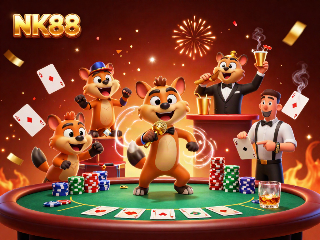 Experience the fun at NK88's comedy casino featuring hyenas in a vibrant 3D rendering scene.