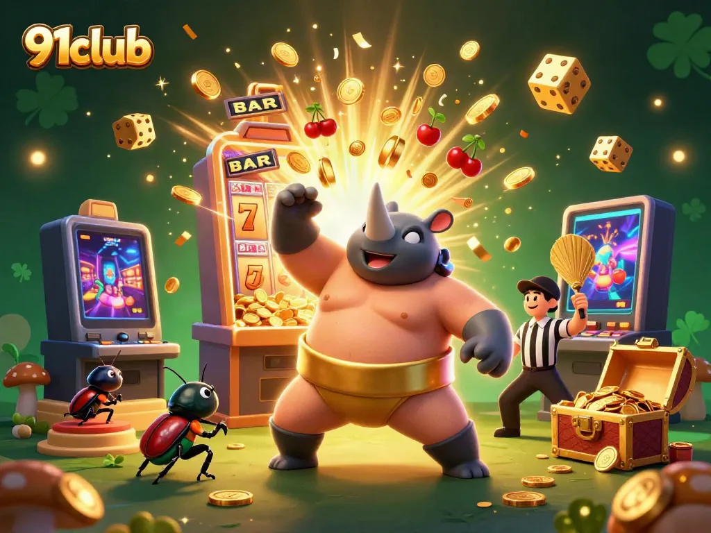 Experience the thrilling 91club gameplay with a dynamic scene featuring a beetle champion surrounded by casino riches.