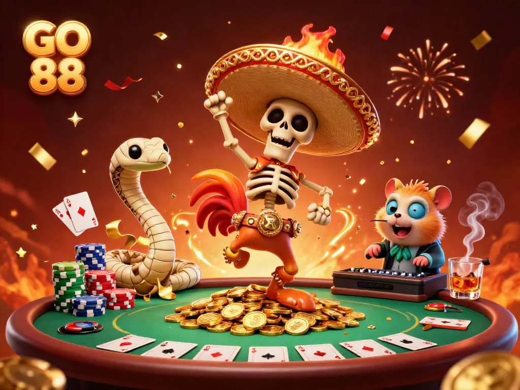 Experience exciting gambling at GO 88 with a vibrant 3D scene featuring festive characters and casino elements.