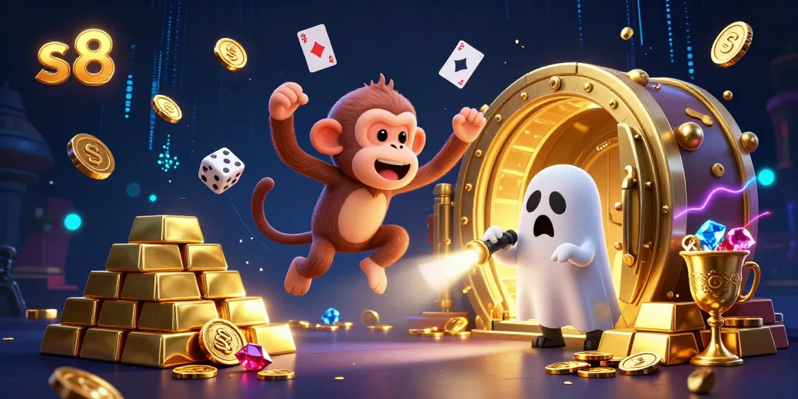 Experience gaming excitement with s8 as a monkey juggles golden casino treasures in a haunted setting.