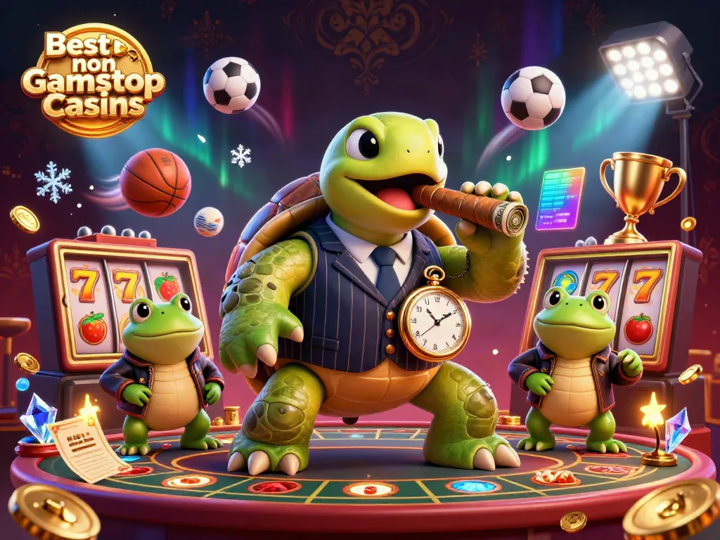 Engage with the Best non Gamstop Casinos featuring a dynamic scene of lively casino characters and elements.