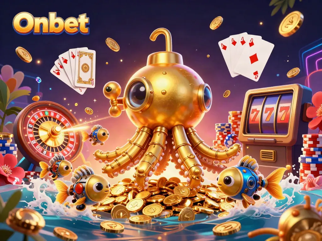 Experience the thrill of Onbet with a dynamic casino scene featuring a golden kraken submarine and vibrant game elements