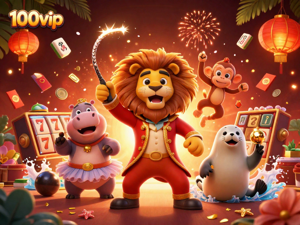 Engage with 100vip in a colorful casino scene featuring dynamic 3D illustrations of game elements.