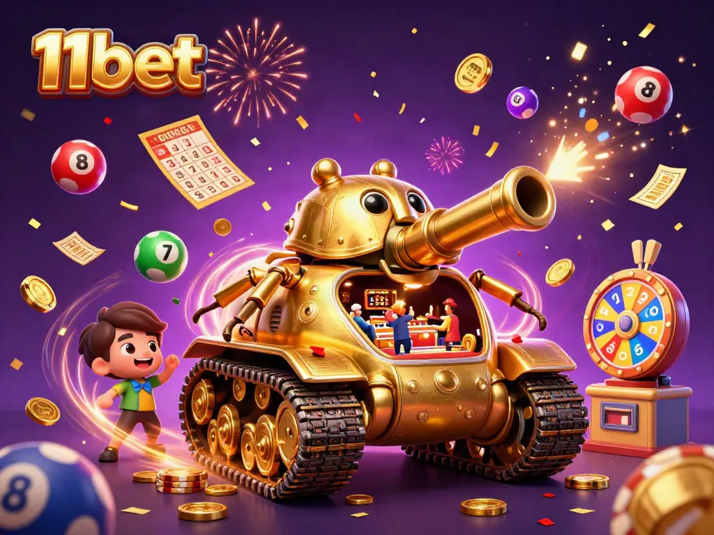 Engage in thrilling gaming at 11bet's ultimate casino tank scene with confetti, colorful lottery balls, and more!