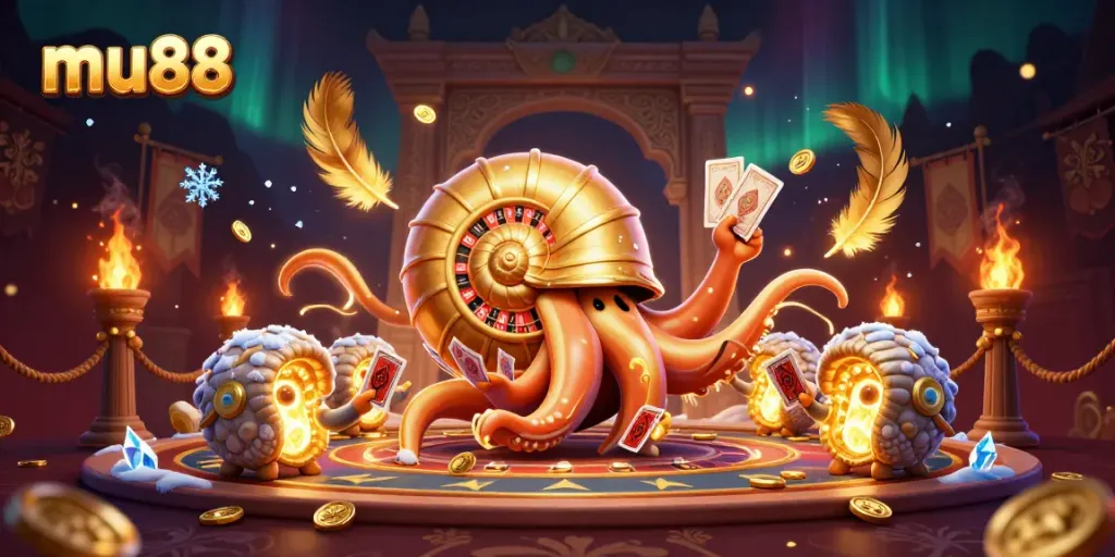 Exciting scene of mu88 showcasing a 3D nautilus roulette wheel with cards and glowing ammonite companions in a lively casino