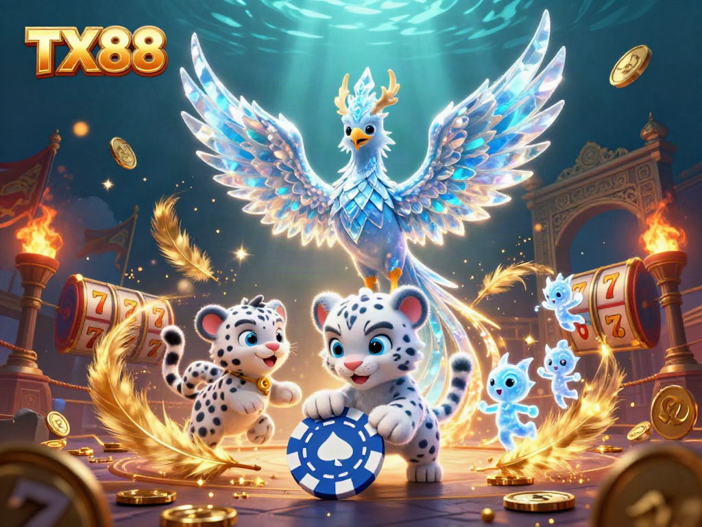 TX88 casino scene featuring an ice phoenix and playful leopard cub amidst vibrant slot elements.