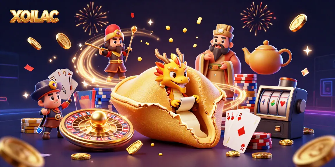 Experience thrilling gameplay with XOILAC's vibrant 3D illustration, showcasing fortune cookies, golden coins, and dynamic gaming elements.