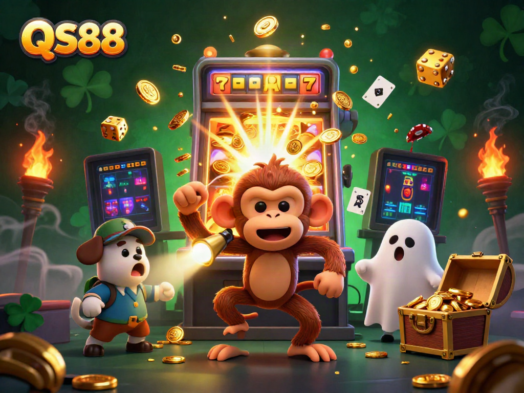 Experience the lively QS88 casino scene with a playful monkey juggling treasures and a curious puppy exploring.