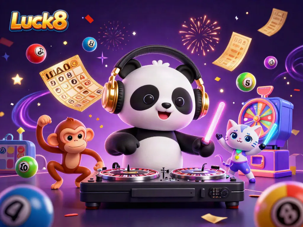 Experience Luck8 with a DJ panda, dancing monkey, and kitten in a vibrant casino scene full of energy.
