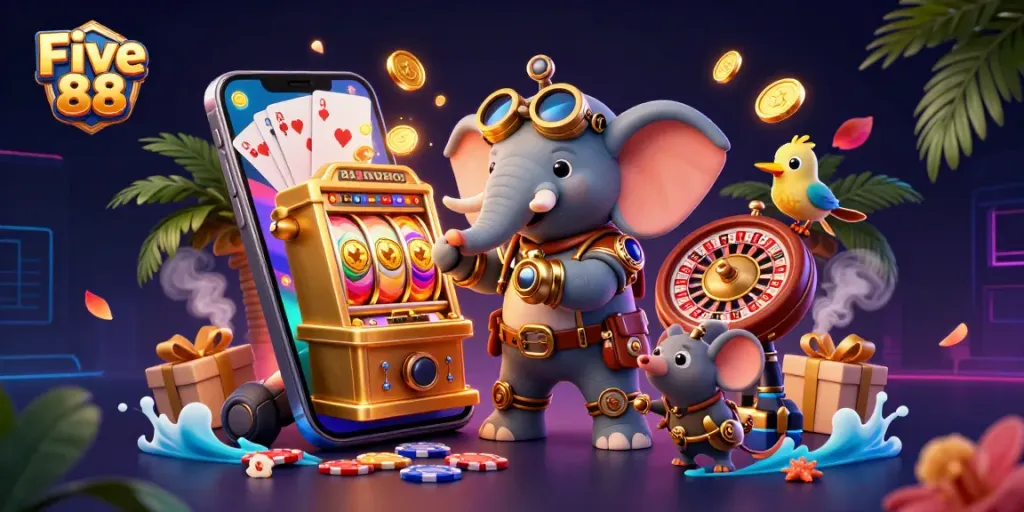 Experience excitement and winning at Five 88 with a vibrant 3D scene featuring steampunk characters and dynamic casino elements.