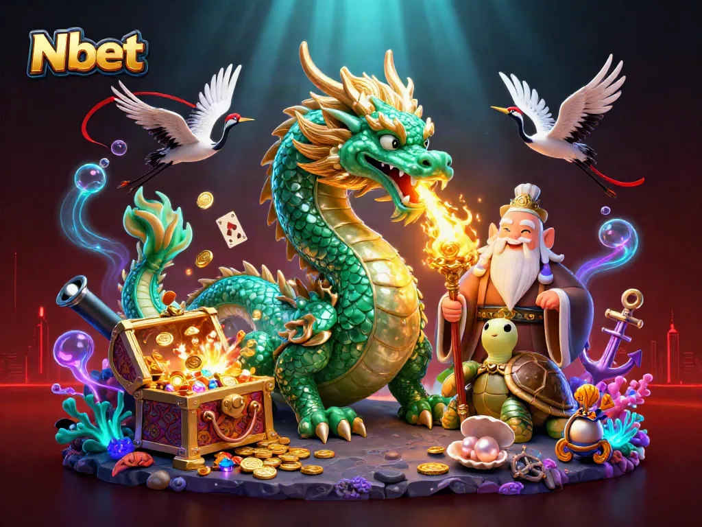 N bet showcases a vibrant 3D scene with a jade dragon and turtle sage amidst an array of casino treasures.