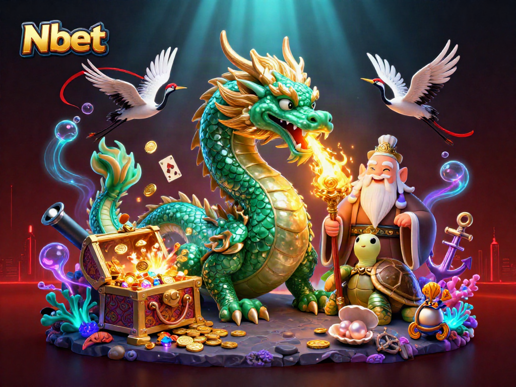 N bet showcases a vibrant 3D scene with a jade dragon and turtle sage amidst an array of casino treasures.