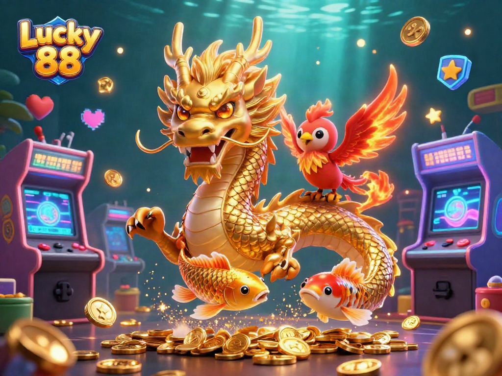 Courageously play Lucky 88 with a golden dragon, phoenix, and koi amidst colorful game machines and sparkling coins.