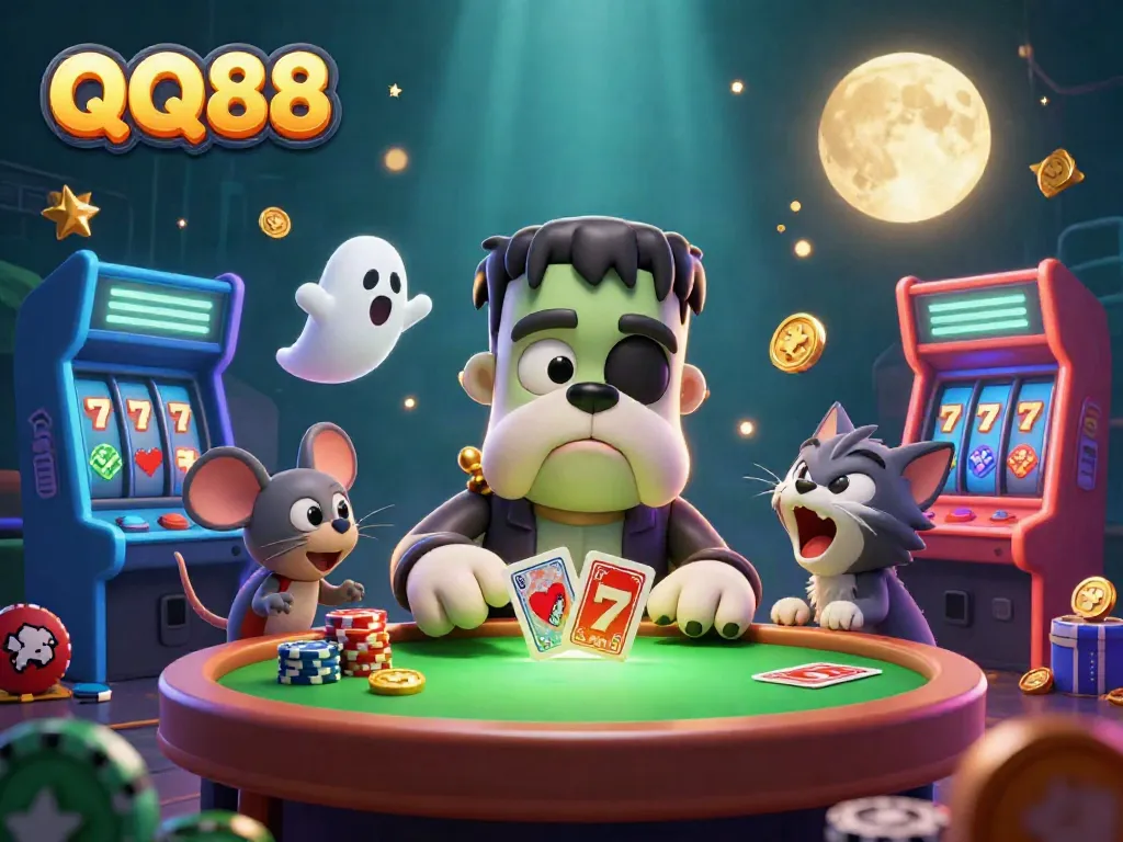 Experience the thrilling casino world with QQ88, featuring a Frankenstein bulldog dealer and ghost mouse amidst vibrant gaming elements.