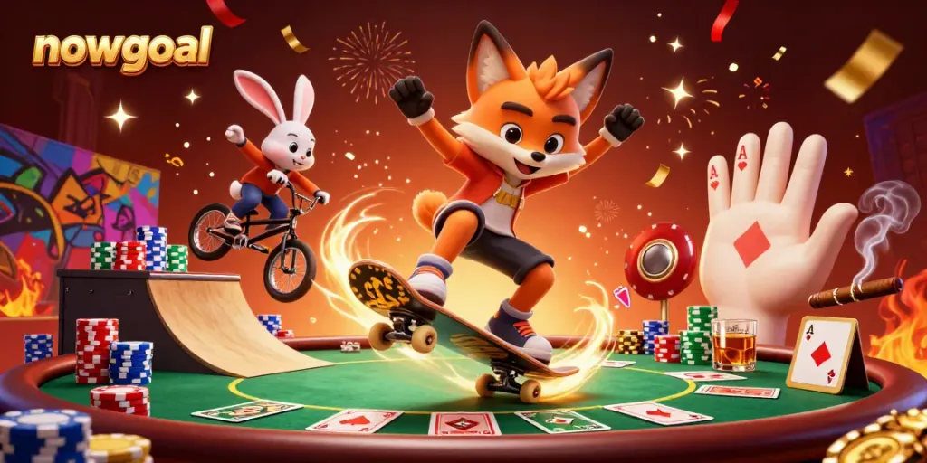 Nowgoal features a vibrant 3D scene of a skateboarder fox and BMX-riding rabbit in a casino setting.