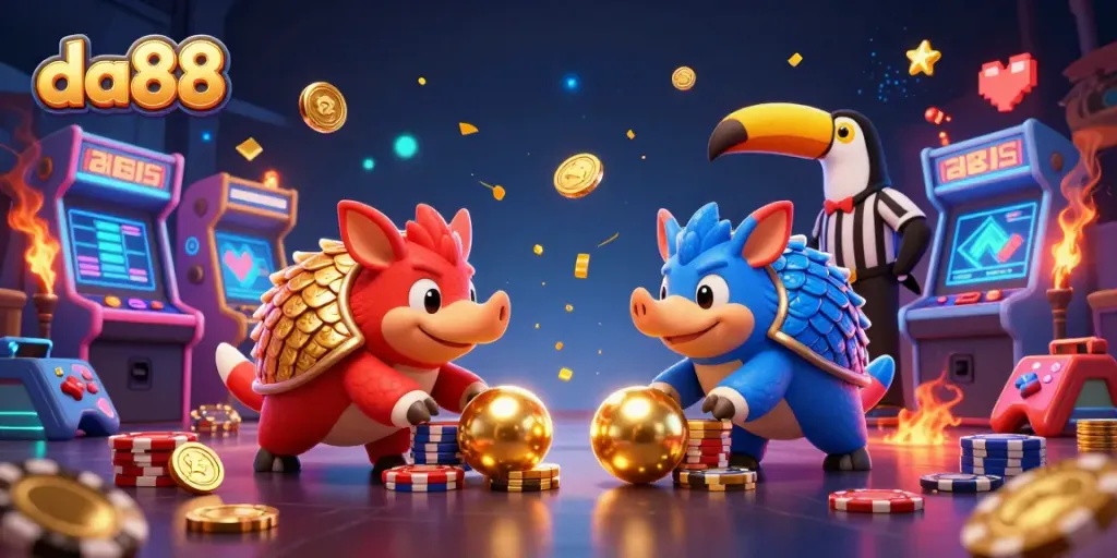 Experience thrilling action with da88 as rival pangolins bowl through poker chips, enhanced by vivid casino elements.