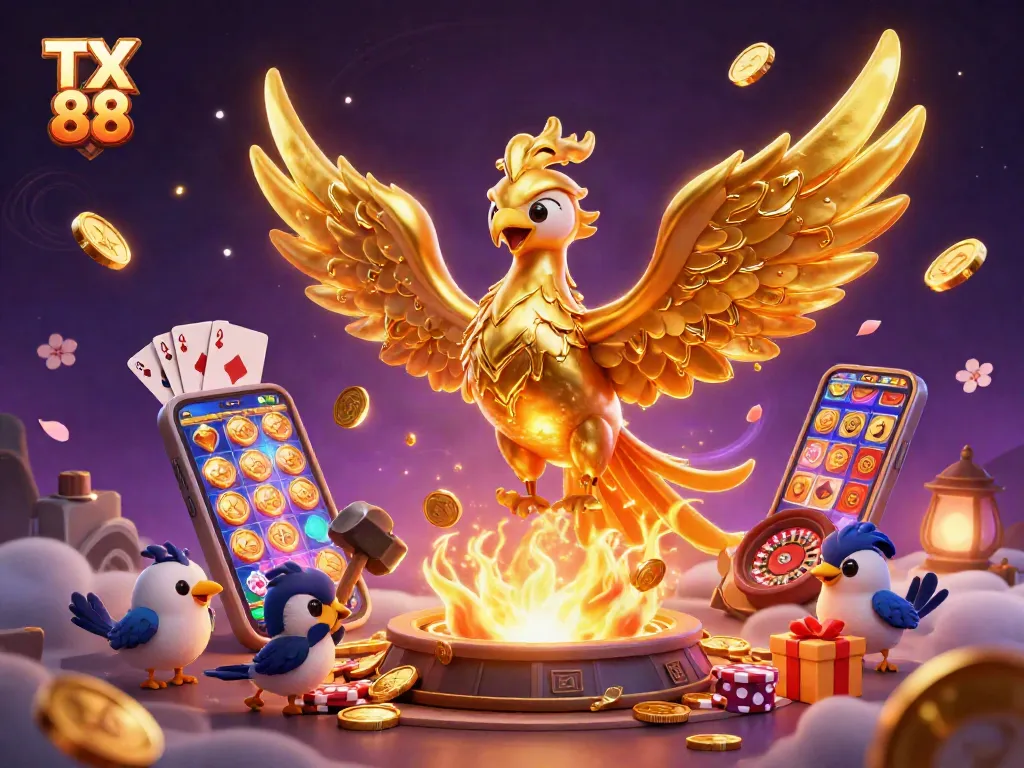 Experience TX 88 with a captivating golden phoenix and dynamic casino elements in this vibrant illustration.