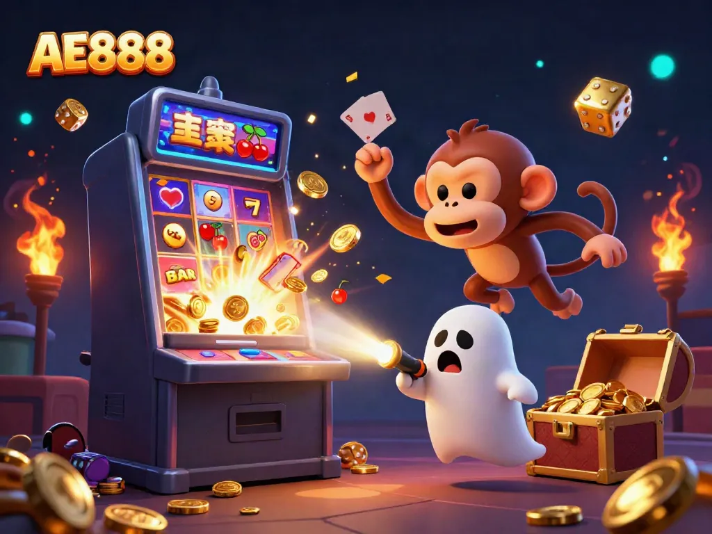 AE888's impressive stakes shown with a playful invisible monkey juggling coins while a curious puppy observes in a vibrant casino scene.