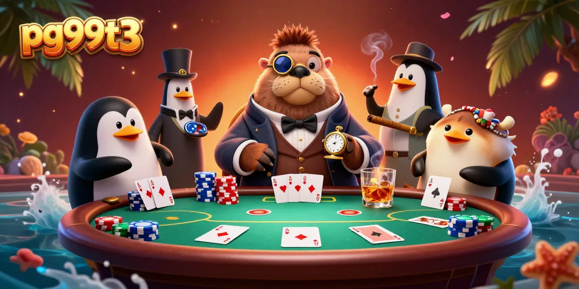 Experience thrilling poker with pg99t3 at an underwater poker table with cartoon characters.