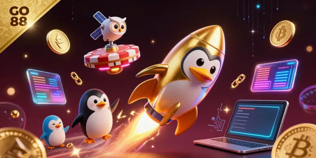 Experience GO 88's thrilling space adventure with a rocket-powered penguin and crypto elements in vibrant casino style.
