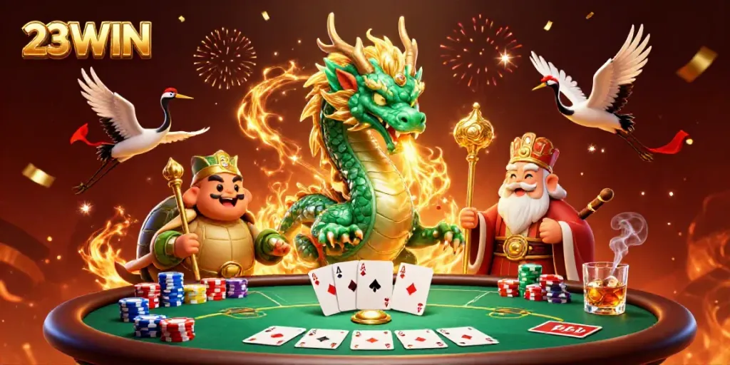 Engage in thrilling games at 23WIN with a dynamic casino scene featuring a jade dragon and poker elements.