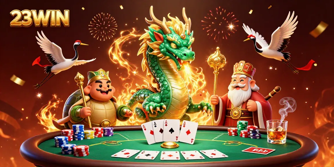 Engage in thrilling games at 23WIN with a dynamic casino scene featuring a jade dragon and poker elements.