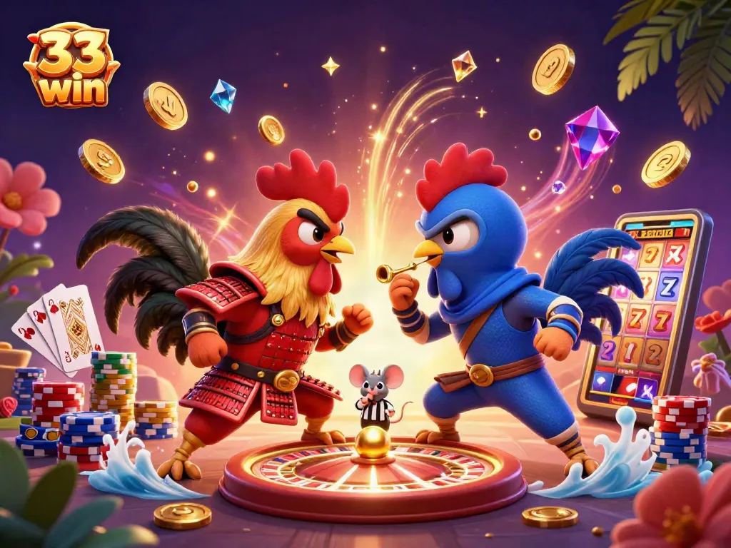 33 win captivating roosters battle amidst coins and vibrant casino elements