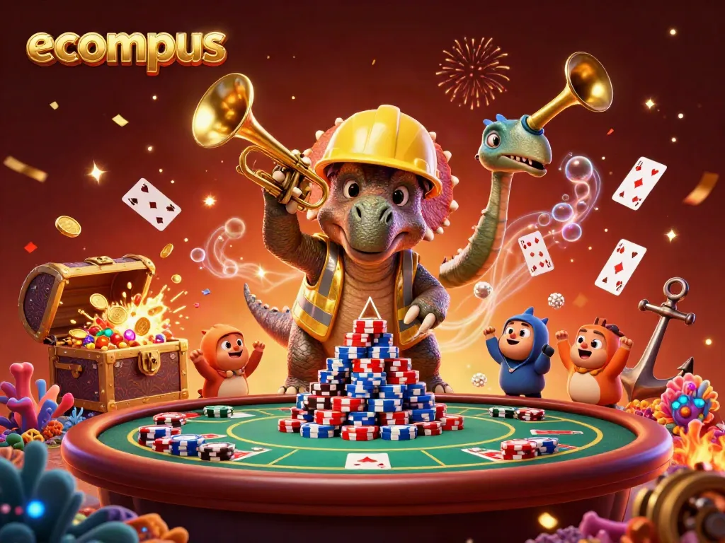 Experience excitement at ecompus with a colorful celebration of poker, roulette, and festive confetti.