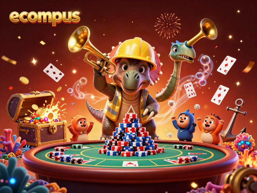 Experience excitement at ecompus with a colorful celebration of poker, roulette, and festive confetti.