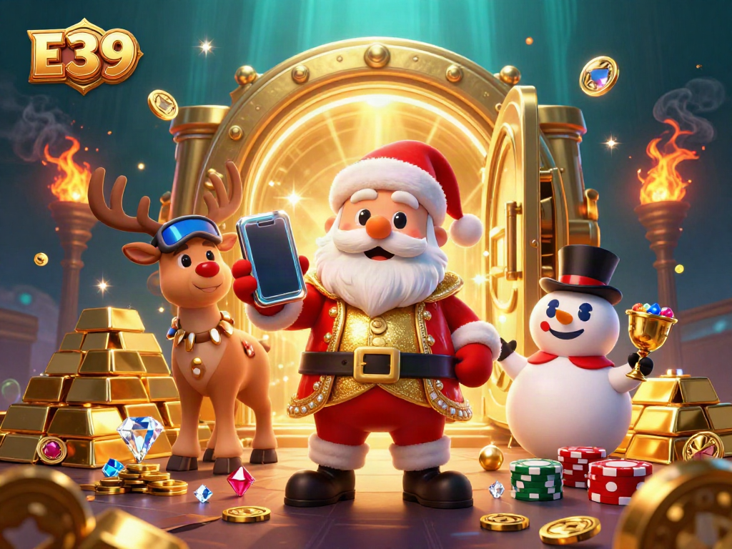 Win big with E39's exciting jackpot slots, featuring a festive casino scene with Santa and friends.