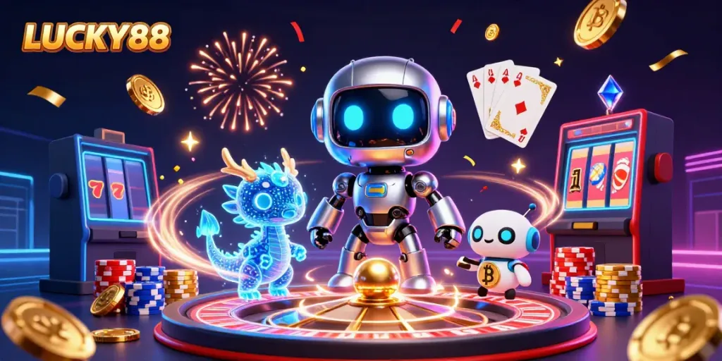 LUCKY88 casino illustration featuring vibrant characters and dynamic gaming elements, showcasing excitement.
