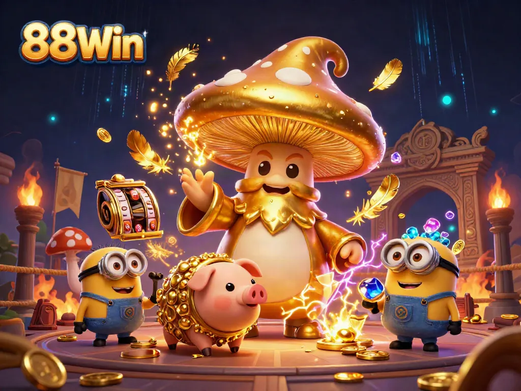 Experience the magic of 88Win as a golden mushroom wizard channels wealth with treasures and slot elements.