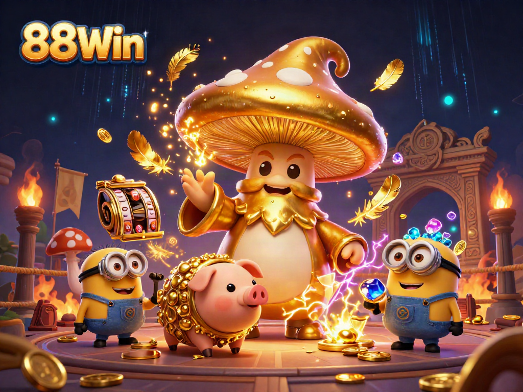 Experience the magic of 88Win as a golden mushroom wizard channels wealth with treasures and slot elements.
