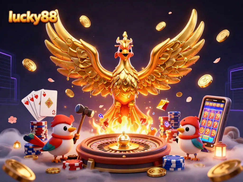 Experience thrilling gameplay at lucky88 with a vibrant 3D casino illustration showcasing dynamic elements and exciting casino action.