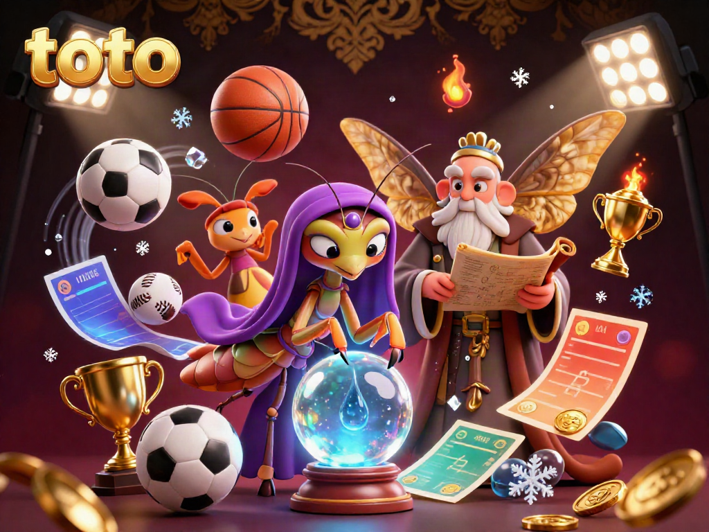 Engage with vibrant toto casino gaming: a whimsical illustration of an oracle and a librarian amidst sports elements.