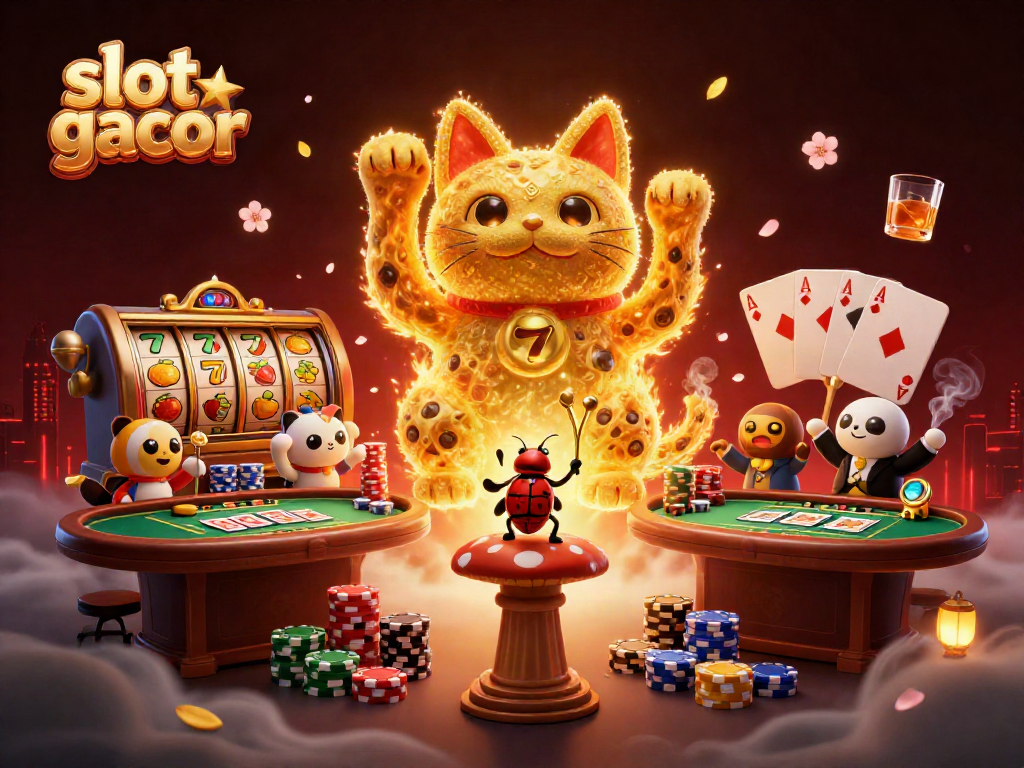 Experience slot gacor excitement with a vibrant lucky cat made of golden fireflies, surrounded by rich casino elements.