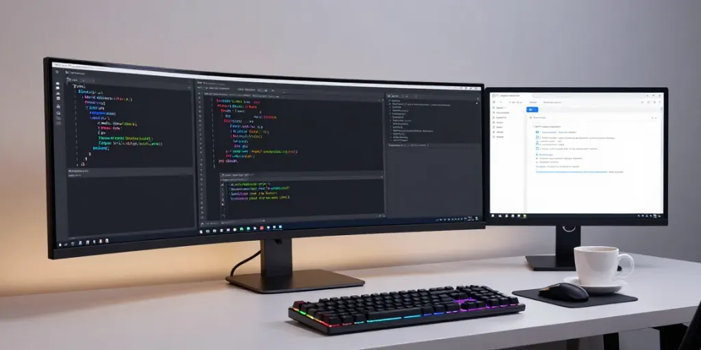 .uk domain search in a developer workspace with coding tools and sleek monitors.