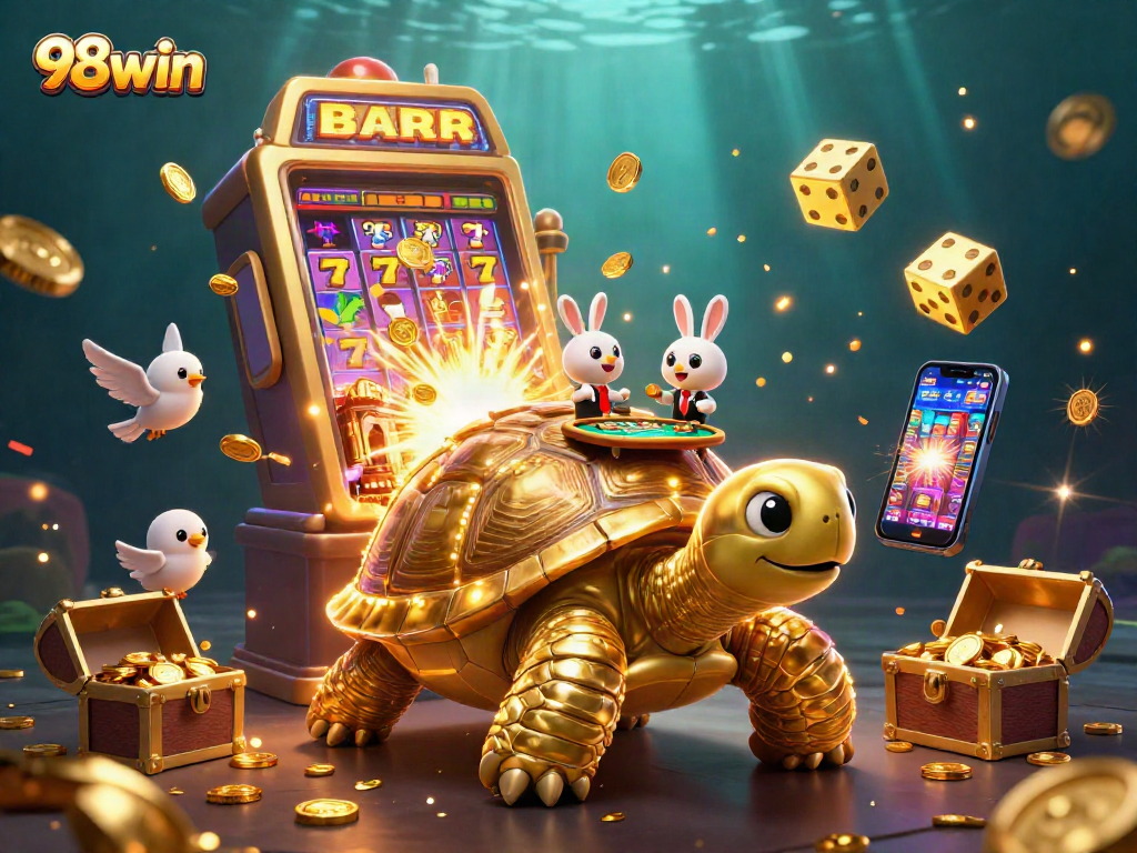 Experience the excitement of 98win with a golden tortoise casino and dynamic slot machine explosion.